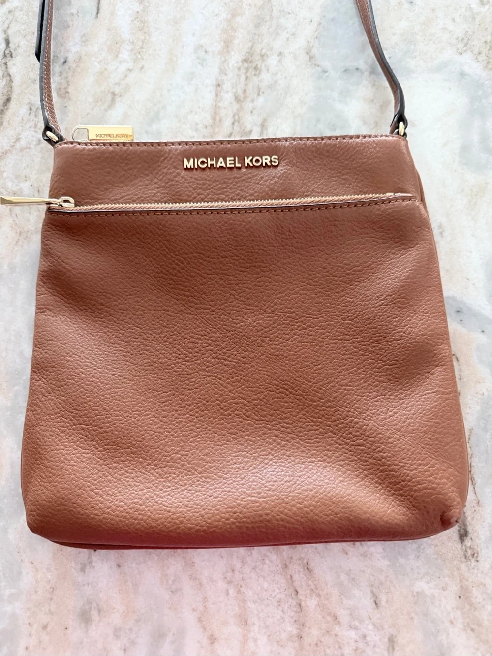 MICHAEL KORS Brown Pebbled Leather Crossbody with Gold Hardware 9” H x 8.75” W